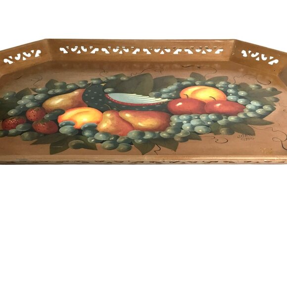 VTG Hand Painted Tin Serving Tray Fruit Grapes Bird Signed Joan 22" x 16" Heavy - Picture 6 of 7